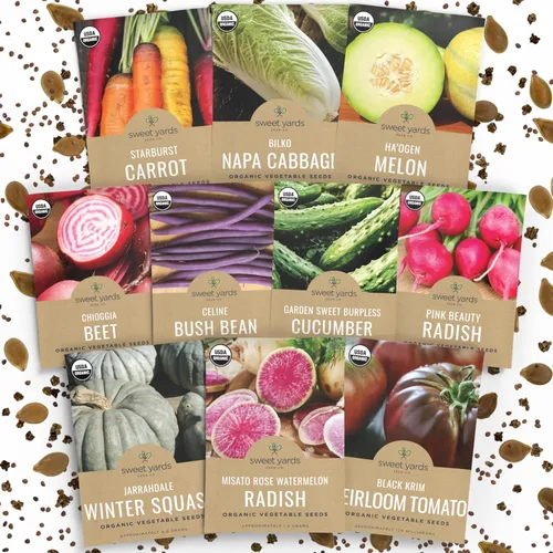 Variedades orgánicas únicas – Paquete variado de semillas – 10 paquetes individuales – Temporada 2026 – Remolacha Chioggia, rábano rosa sandía y