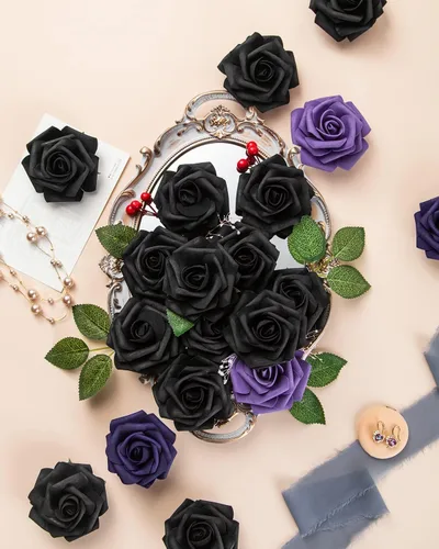Miniatura 4 de DuHouse 25 rosas artificiales con tallos, flores de espuma de tacto real para bricolaje, ramo de boda, centro de mesa, arreglo floral de Halloween