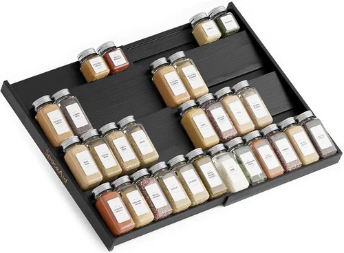 SpaceAid Organizador de cajones de especias de bambú negro, (necesita cajón de 3 pulgadas de profundidad) estante de especias expandible de 4