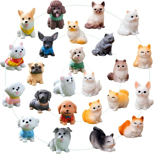 Juego de 24 mini figuras de gato y perro, lindos modelos realistas de animales de resina y adornos para pasteles, adornos en miniatura para