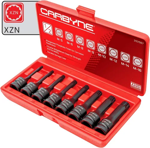 CARBYNE Juego de llaves de vaso de impacto XZN de 8 piezas, 12 puntos, M5 a M16, 1/2 pulgadas, acero CrMo, acabado de fosfato de manganeso, para