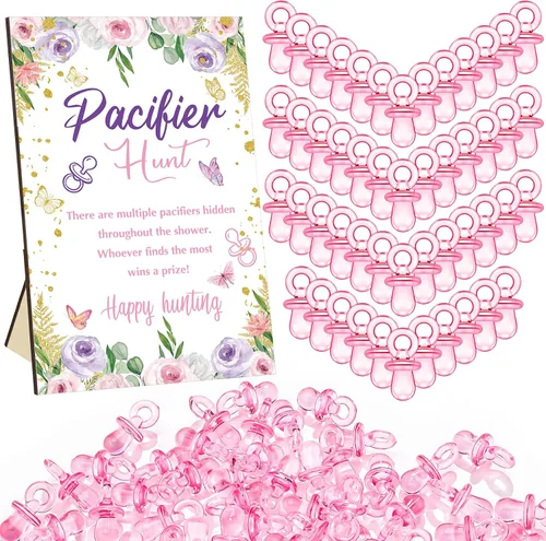 Miniatura 18 de Thyle Juego de 51 piezas de chupete de caza para baby shower, incluye signo de caza y 50 chupetes acrílicos para decoración de juegos de baby Rosa
