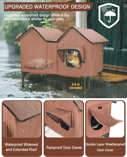 Miniatura 4 de Casa climatizada para gatos en invierno exterior, casa para gatos climatizada extra grande, resistente a la intemperie, cama elevada, puerta