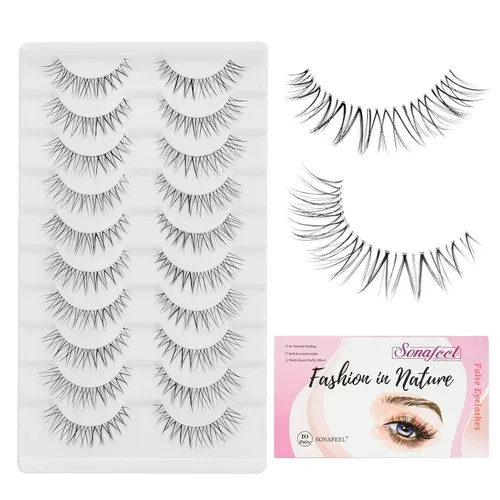 Miniatura 10 de Pestañas naturales de ojo de gato, ligeras, reutilizables, con banda transparente, paquete de 10 pares, pestañas postizas de visón sintético