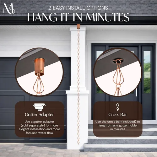 Miniatura 5 de Monarch Rain Chains Cadenas de lluvia de lágrima de cobre puro para canaletas – Cadena de lluvia decorativa de 8.5 pies para exteriores, duradera