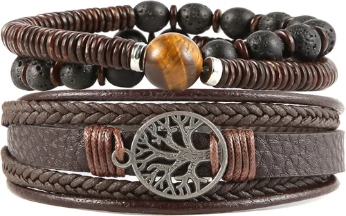 HZMAN Pulseras de cuero genuino con diseño de árbol de la vida para hombres y mujeres, diseño de ojo de tigre, piedra natural, cuentas de roca de