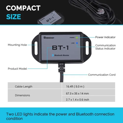 Miniatura 7 de Puerto de comunicación RS232 compatible con módulo Bluetooth Renogy RJ12, controladores de carga Rover/Wanderer/Adventurer, BT-1, color negro