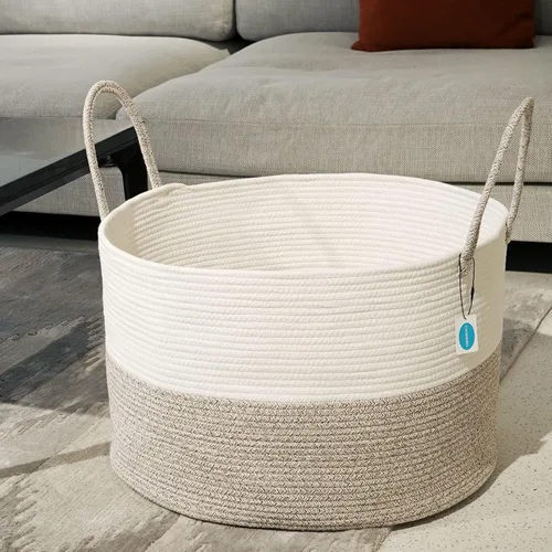 Miniatura 6 de Casaphoria Cesta de cuerda de algodón XXXL para sala de estar, cesta de almacenamiento tejida con asa larga para mantas, toallas y almohadas, cesta