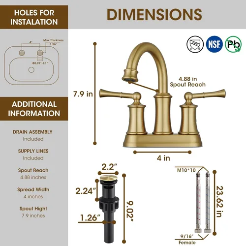 Miniatura 2 de Grifo de baño de oro cepillado de 4 pulgadas, grifo de baño de 2 manijas de 3 agujeros, grifo de baño de latón antiguo con manguera de suministro