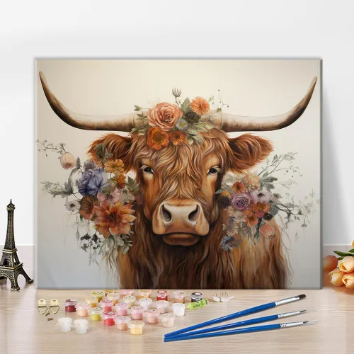 TUMOVO Pintura de vaca de las tierras altas por números para adultos principiantes, pintura de flores por números, kits de pintura para niños,