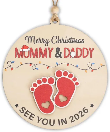 Feliz Navidad Mamá y Papá Nos vemos en 2026, Adorno Colgante de Madera para Bebé Esperado 2026, Anuncio de Embarazo para Esposo, Abuelos, Familia,