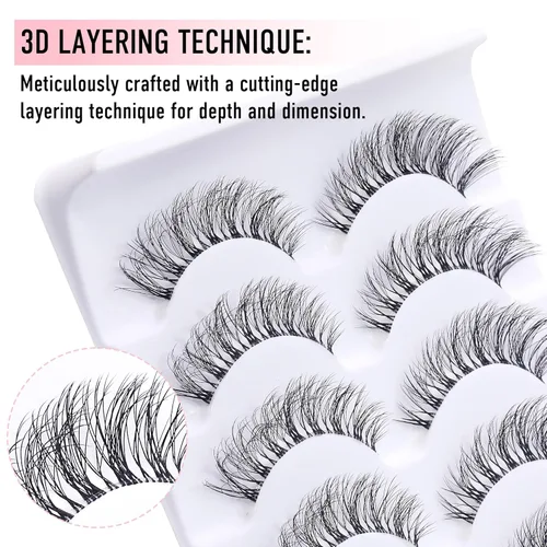 Miniatura 5 de Pestañas de tira natural con banda transparente, pestañas rizadas en D de ojo de gato de 0.31 a 0.59 pulgadas que parecen extensiones, pestañas