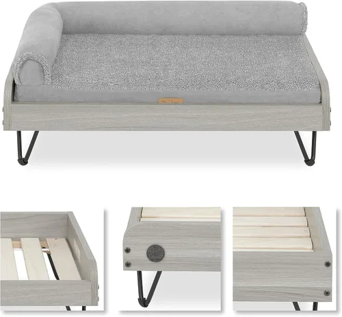 Miniatura 6 de Cama de madera para perros con colchón resistente al agua, cama elevada para mascotas pequeña a mediana con colchón relajante, certificado