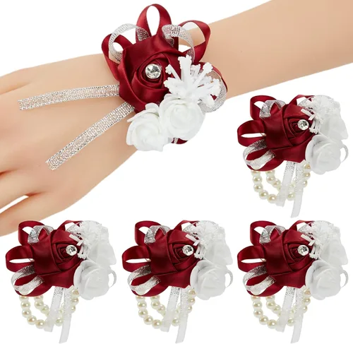 Juego de 4 ramilletes de muñeca color borgoña para boda, juego de ramilletes rojo vino rosa para baile de graduación, novia, dama de honor, niña, 4