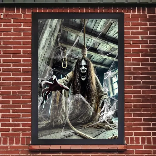 Miniatura 5 de BlissYard Pancarta para ventana de Halloween de 31 x 47 pulgadas, diseño de casa embrujada, fantasma, ventana, espíritu espeluznante, decoración