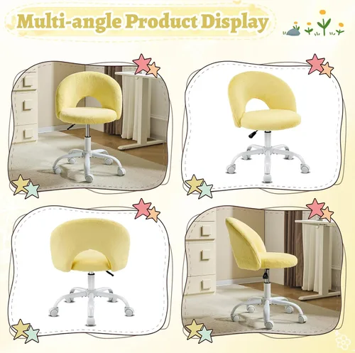 Miniatura 3 de VINGLI Silla de tocador pequeña con ruedas de piel sintética para niñas, bonita silla de escritorio de oficina sin brazos de altura ajustable