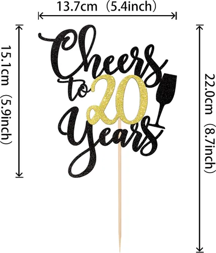 Miniatura 2 de 1 pieza de decoración para tartas de "Cheers to 20 años" con purpurina dorada y negra para pastel de 20 años, decoración de pastel de 20 años