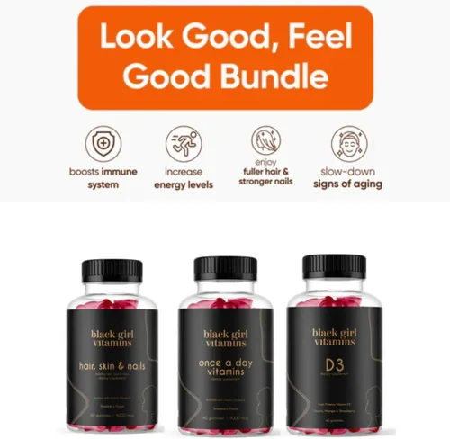 Miniatura 2 de Black Girl Vitamins Look Good Feel Good Bundle – Cabello, Piel y Uñas, Vitamina D3 2000UI y Multivitamínico de Una Vez al Día - Juego de Suplementos