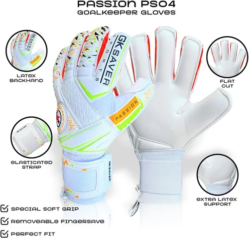 Miniatura 3 de GK Saver Guantes de portero de fútbol Passion Series Guantes de portero profesionales, talla 6 a 11, guantes salvadores extraíbles Blanco