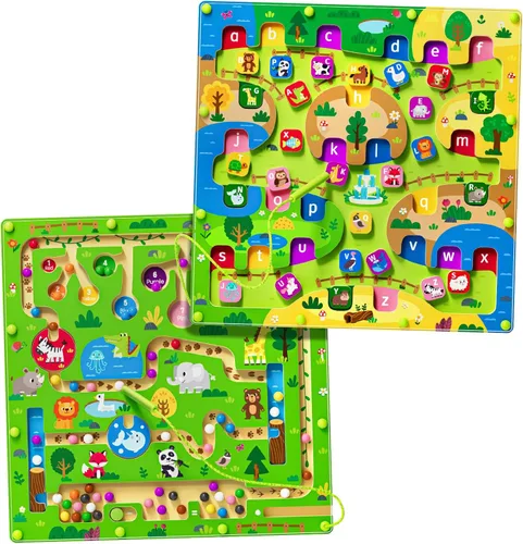 Miniatura 9 de rifamee Laberinto magnético 2 en 1 de color y números con imán de alfabeto y conteo, tablero de doble cara, rompecabezas de madera, habilidades
