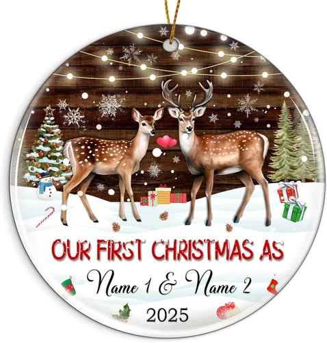 Miniatura 17 de Adorno personalizado para la primera Navidad del bebé 2025 con nombre personalizado, lindo oso en la luna, adornos redondos, regalo de primer