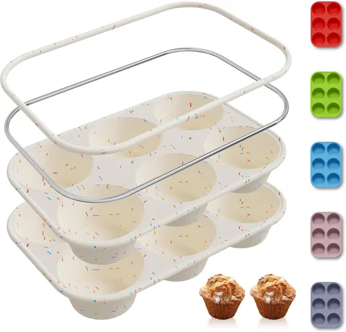 2 Pack 6 Tazas Molde de Silicona Mini para Magdalenas con Marco Reforzado de Metal Moldes de Silicona para Cupcakes y Pasteles Bandejas para Hornear