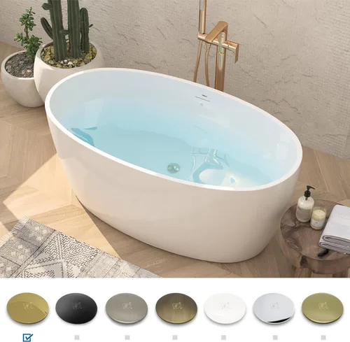 Miniatura 3 de FerdY Tahití - Bañera de acrílico independiente de 55 pulgadas, elegante bañera de remojo de forma ovalada, blanco brillante, drenaje dorado pulido