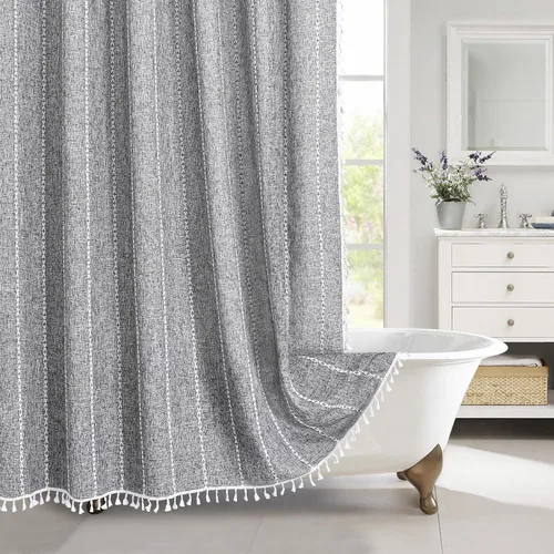 Miniatura 20 de MitoVilla - Juego de cortina de ducha de tela de granja gris, cortinas de ducha de poliéster y lino modernas estilo bohemio para decoración de baño