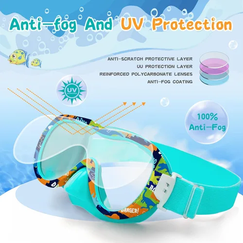 Miniatura 4 de Gafas de natación para niños con cubierta para la nariz, máscara de esnórquel panorámica de 180° con diseño antivaho y antifugas, correa de tela