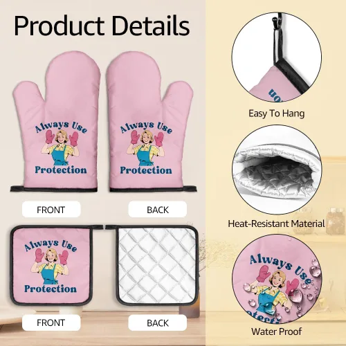 Miniatura 3 de Always Use Protection - Juego de guantes de horno y soportes para ollas, divertidos guantes de cocina retro para panaderos, regalos de inauguración