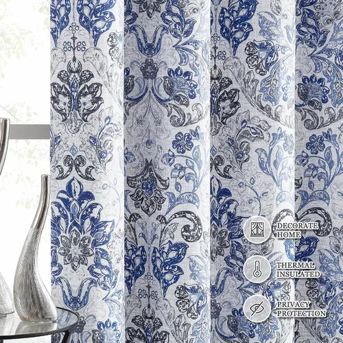 Miniatura 8 de Metro Parlor Cortinas Opacas 100% con Patrón Floral de Damasco Azul Gris de 63 Pulgadas de Largo, 2 Paneles para Sala de Estar, Dormitorio