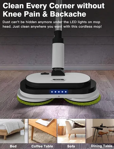Miniatura 5 de Trapeador eléctrico inalámbrico, limpiador de suelo con faros LED y rociador de agua, batería desmontable de hasta 60 minutos, potente trapeador