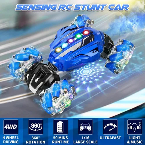 Miniatura 4 de Coche de acrobacias RC con detección de gestos – Juguetes para niños de 6 a 12 años, auto de control remoto controlado a mano 4WD con luz y música