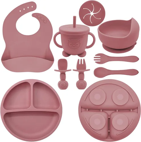 Miniatura 9 de Juego de Alimentación de Silicona para Bebés Suministros de Destete Dirigido por el Bebé Incluye Tazones con Ventosa y Platos Divididos, Babero