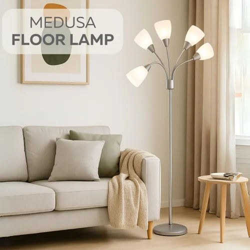 Miniatura 2 de LIGHTACCENTS Lámpara de pie Medusa de 5 luces para dormitorio – Lámpara de pie con múltiples cabezas y 5 pantallas de acrílico blanco, lámpara araña