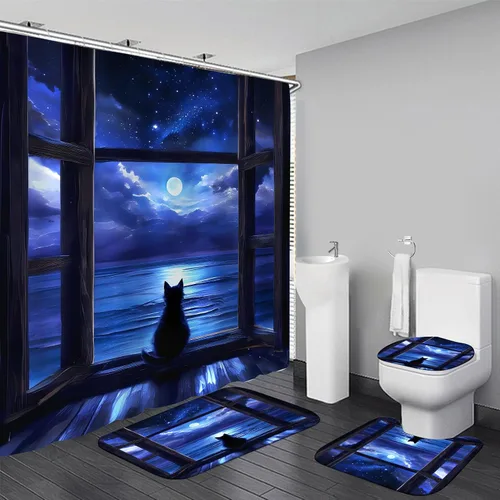 Miniatura 7 de Juego de 4 cortinas de ducha de gato con alfombras antideslizantes, cubierta para tapa de inodoro y tapete de baño, diseño de castillo rosa