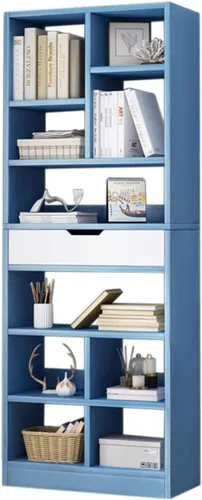Miniatura 9 de IOTXY - Estantería de madera con espacios abiertos, 51" de altura, organizador de almacenamiento con 7 cubos y un cajón, estante de piso, color azul