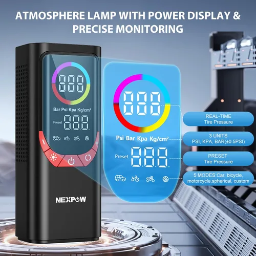 Miniatura 4 de NEXPOW NP17 Compresor de Aire Portátil, Inflador de Neumáticos Digital de 150 PSI, Inflado Rápido con Apagado Automático, Luz LED, Múltiples