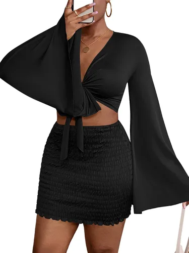 Miniatura 3 de LYANER Conjunto de 2 piezas para mujer, con nudo frontal, acampanada, manga larga y minifalda