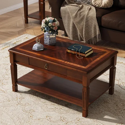 Miniatura 14 de Mesa de centro de madera maciza con estante de almacenamiento, mesa de centro rectangular moderna de mediados de siglo para sala de estar, mesa