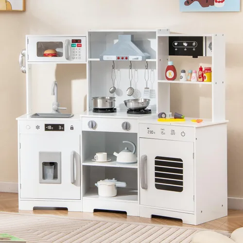 Miniatura 13 de Costzon Juego de cocina esquinera para niños, juego de cocina de juguete de madera con campana extractora de luces y sonidos, máquina de hielo
