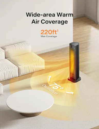 Miniatura 4 de PELONIS Calentador de espacio interior de torre de cerámica oscilante para el hogar con oscilación, termostato programable y modo ECO, temporizador