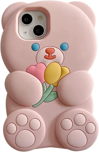 Miniatura 9 de Funda para iPhone 13 Cute Kawaii 3D Cartoon Flower Bear Marrón Suave Silicona a prueba de golpes Funda protectora para niños niñas