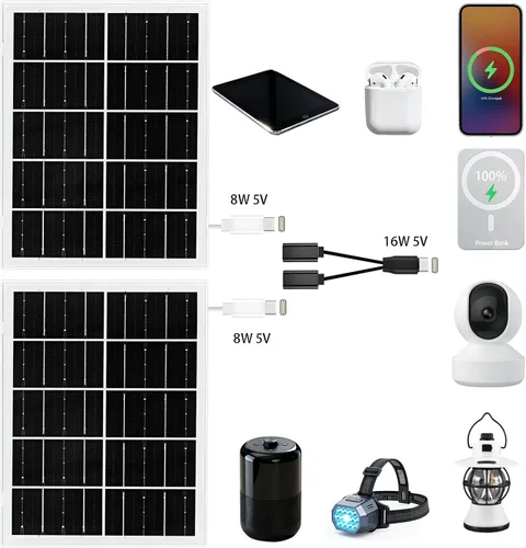 Miniatura 2 de Panel solar de 5 V y 16 W, paquete de 2 unidades IP65 impermeable con puertos USB-C/Micro USB/CC, cable de 9.8 pies para teléfono/banco