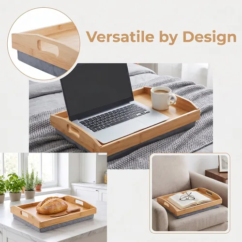 Miniatura 9 de Cedilis Bandeja de regazo de bambú con almohada desmontable, bandeja de servir de 16.9 x 13 pulgadas con asas para comer en la cama