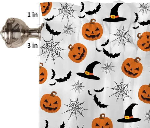 Miniatura 4 de Cenefas de Halloween para ventanas, cortina de calabaza con sombrero de bruja, cortinas cortas con bolsillo para barra, cortinas de cenefa