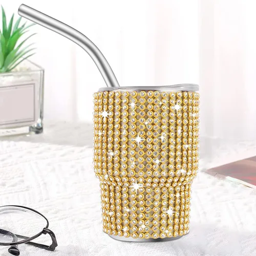 Miniatura 4 de INSTOME Vaso de chupito brillante de 3 onzas, mini tazas con tachuelas de diamantes de imitación con pajitas, brillo similar a un diamante