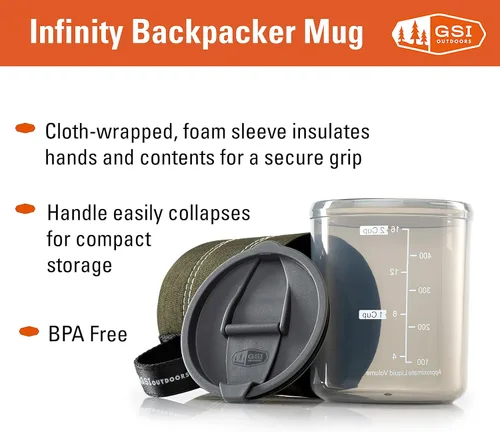 Miniatura 4 de GSI Outdoors Infinity Backpacker Mug - Taza de café ligera sin BPA para viajes, equipo de campamento, mochileros y exteriores - 17 oz. Verde Jaspeado