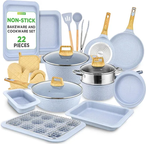 Miniatura 9 de NutriChef Juego de 54 piezas de utensilios de cocina de grado profesional completo para el hogar, juego de ollas y sartenes de cerámica Gris azul