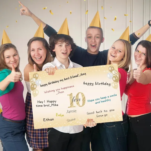 Miniatura 5 de Turypaty Tarjeta de 10 cumpleaños grande con sobre para niños y niñas, libro de firmas de invitados gigante de feliz 10 cumpleaños en negro y oro